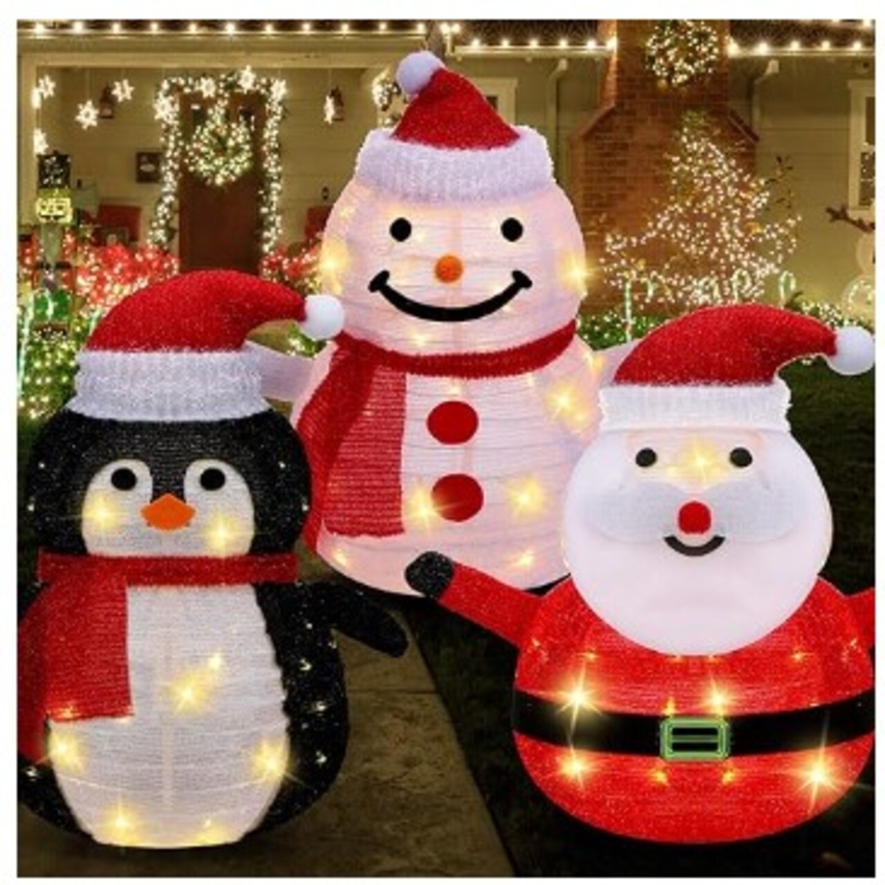 Lighted Christmas Outdoor Decorations 3 Pieces Collapsible Fluffy Snowman Penguin Santa Claus with LED Lights Pre Lit Pop up Christmas Holiday Decorations for Indoors, Outdoors, and Gardens